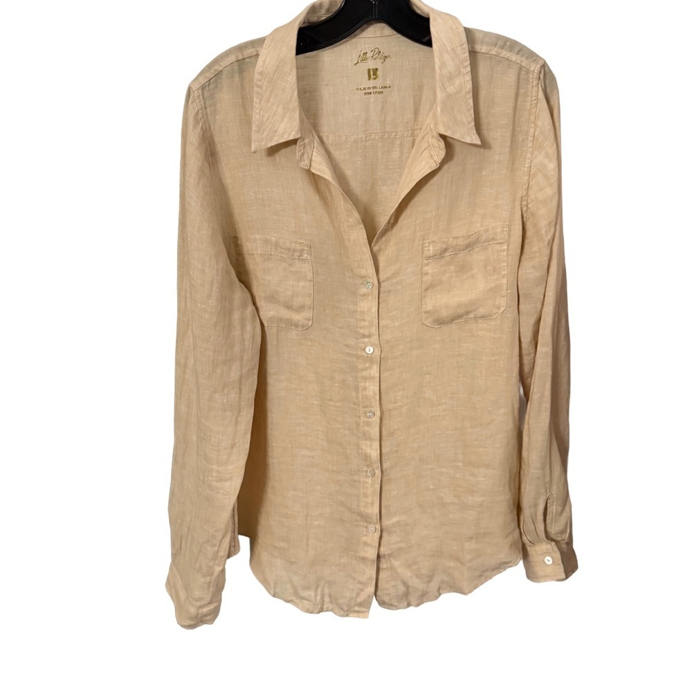Lilly Pulitzer Sea View Tan Linen Button Down Shirt L/S Top Size L Excellent